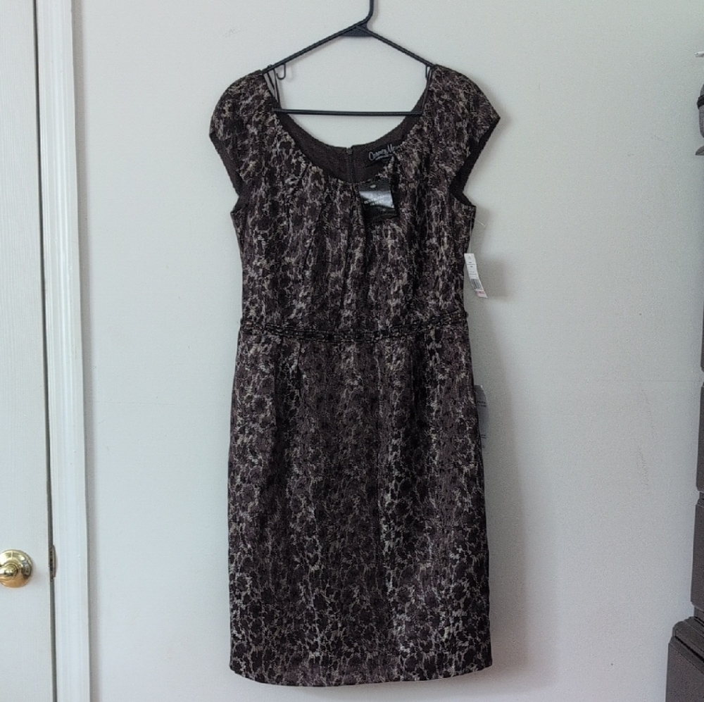 Carmen Marc Valvo Chocolate and Silver Pleated Sheath Dress